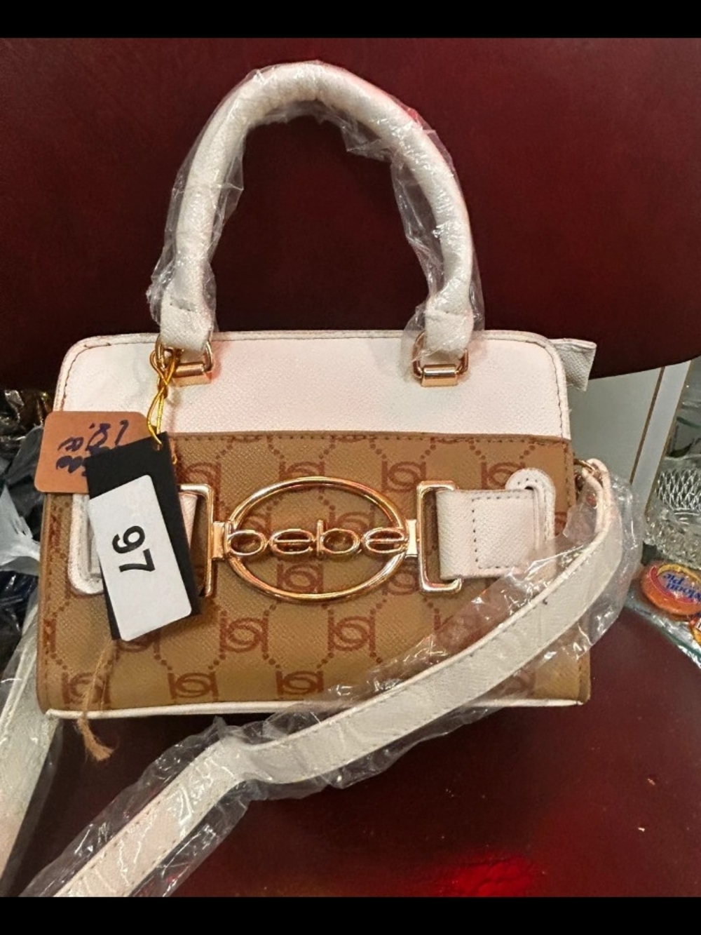 bebe Tan Monogram Satchel with Pink Trim
